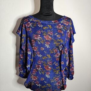 Free People = Floral Boatneck Blouse in Royal Blue - Women's Stylish Top